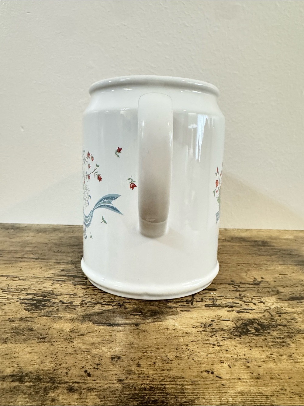White Ceramic Floral Pitcher | Red Roses Blue Ribbon - Picture 3 of 12